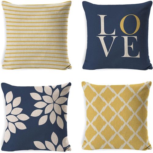 Bleu + Jaune, Housse De Coussin, Set De 4 - 45x45 Cm (Sans Taie D'oreiller) Housse De Coussin En Lin Housse De Coussin Décorative Pour Canapé, Bureau, Chambre, Chaise, Jardin