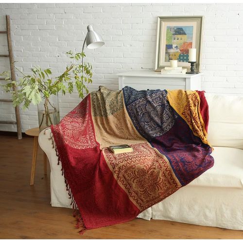 150cm*190cm, 1pc De Couverture De Canapé En Coton, Couverture Tricotée À Franges, Patchwork Double Face, Couverture Décorative Chaude Pour La Maison, Le Bureau Et Les Voyages, Rouge Tibétain