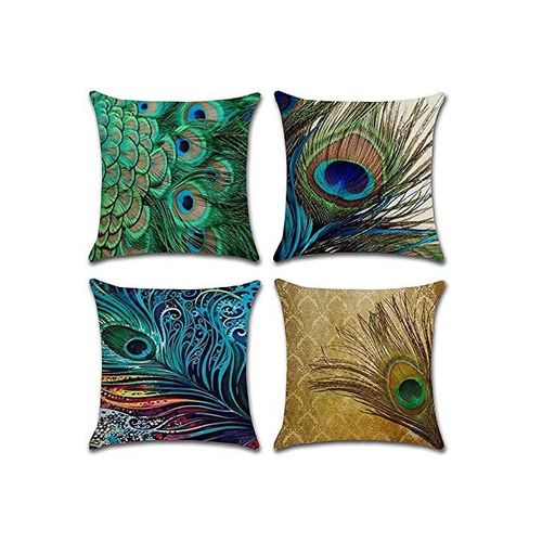 Lot De 4 Housses De Coussin Décoratives En Coton Et Lin Avec Plumes De Paon 45 X 45 Cm