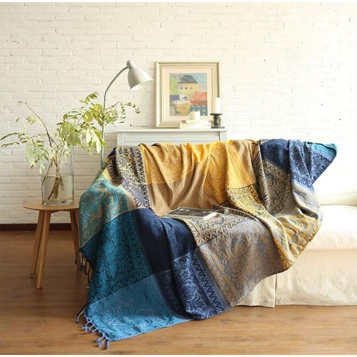 150cm*190cm, Bleu, 1pc Coton Simple Couverture De Canapé, Couverture Tricotée À Franges, Patchwork Réversible, Couverture Décorative Chaude Pour La Maison, Le Bureau Et Les Voyages