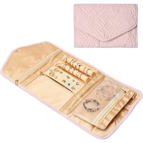 (Rose) 1 Sac À Enrouler Pour Bijoux, Pochette À Bijoux De Voyage En Cuir, Boîte À Bijoux Pliable, Boîte À Bijoux Légère, Boucles D'oreilles, Collier, Bracelet, Bague, Organisateur De Bijoux
