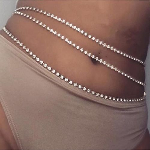 1 Piece Rhinestone Shiny Crystal Waist Chain Silver Summer Bellywear Beach Jewelry Body Chain Accessoires Pour Femmes Et Filles