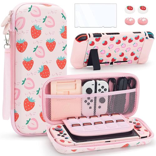 (Rose Fraise) Magnifique Étui De Transport Pour Nintendo Switch Oled 2021 En Rose Avec Étui De Voyage, Étui Pour Pc, Bandoulière Réglable, Poignée Pour Le Pouce, Protecteur D'écran.