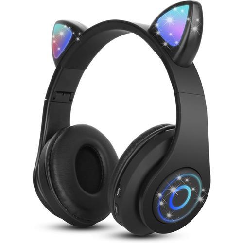 (Black) Wireless Bluetooth Headset Kids Headset Foldable Cat Headset with Stereo Microphone Kids Bluetooth Headset for PC Phone.