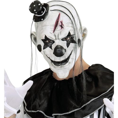 Masque de clown tueur adulte (avec cheveux et mini chapeau)