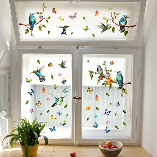Stickers De Fenêtre Colibri Et Papillon, Stickers Muraux Oiseaux, Stickers Muraux Feuilles Vertes, Stickers Muraux Animaux Colorés, Stickers Pare-Chocs, Stickers De Fenêtre Printemps