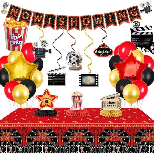 ERSHI-Décorations de soirée cinéma, comprend maintenant une bannière, des tourbillons à suspendre sur le thème du film, une nappe,[5