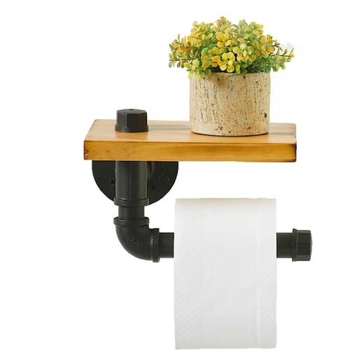 Porte Papier Toilette Industriel Avec Étagère en Bois Et Tuyau en Fonte -Support Mural Rustique Pour Papier Hygiénique en Tuyau de Fer -Porte Rouleau de Papier Rétro Vintage Pour Salle de Bain