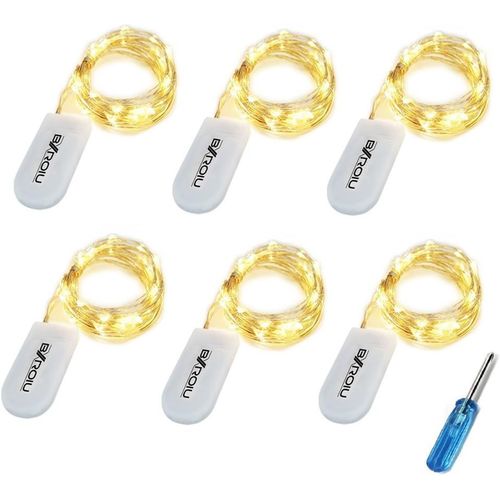 6 x Guirlandes Lumineuses a pile,20 LEDs 2 Mètres Fil d'argent et à Piles CR2032 idéal pour les fêtes de Noël, le mariage, la fête, et le décor de votre chambre et jardin(Blanc chaud)
