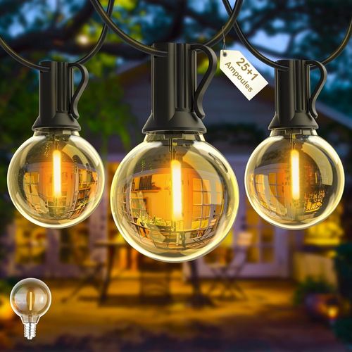 Guirlande Guinguette Led 15m, Guirlande Led Exterieur Avec 25 +1 G40 Ampoules, Ip45 Imperméable Extérieur Intérieur Guirlande Lumineuse Exterieur Pour Jardin Patio Café - Blanc Chaud