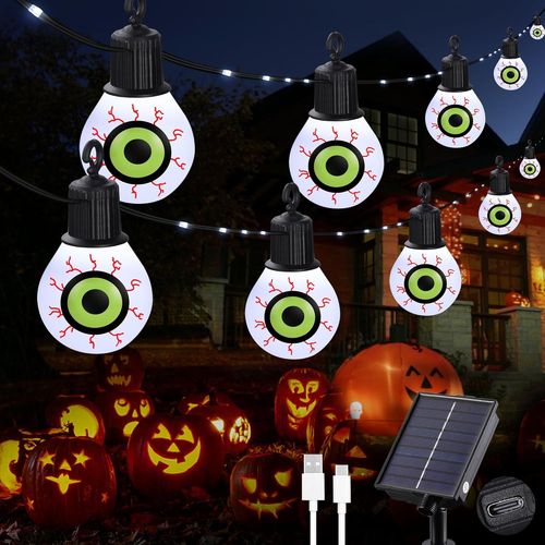 Guirlande Lumineuse Exterieure Avec 20 Ampoules Des Globes Oculaires, 10m 100led Guirlande Lumineuse, 8 Modes, Etanche, Decoration Halloween Exterieur Jardin