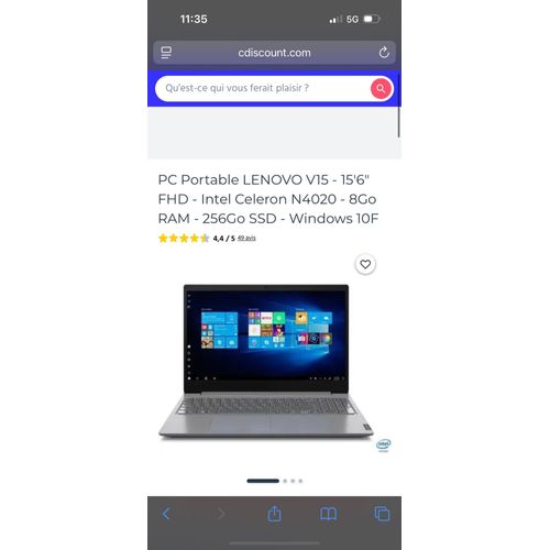 Lenovo V15 - 15.6" Intel Celeron N4020 - 1.1 Ghz - Ram 8 Go - SSD 256 Go