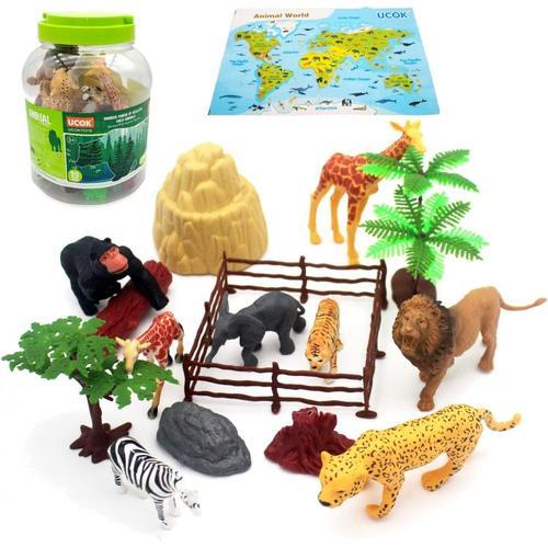 Ensemble de figurines d'animaux pour enfants, jouets réalistes de la  jungle, 19 pièces, avec 8 animaux sauvages de safari, 2 arbres, 3 rochers,  carte, bâton en bois, 4 clôtures pour enfants de