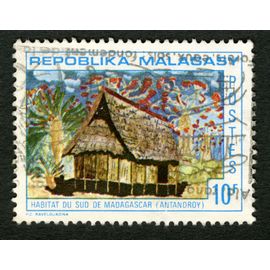 Timbre Oblitéré Repoblika Malagasy, Habitat Du Sud De Madagascar, Antandroy, Postes, 10 F