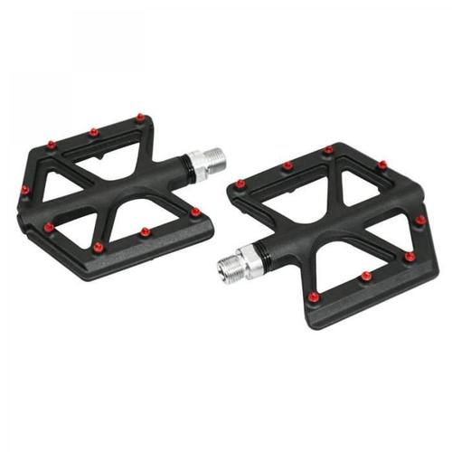 Pedale Bmx-Vtt Descente P2r Noir Alu-Fibre De Carbone Filetage 9-16 Avec Picots Rouge (Paire)