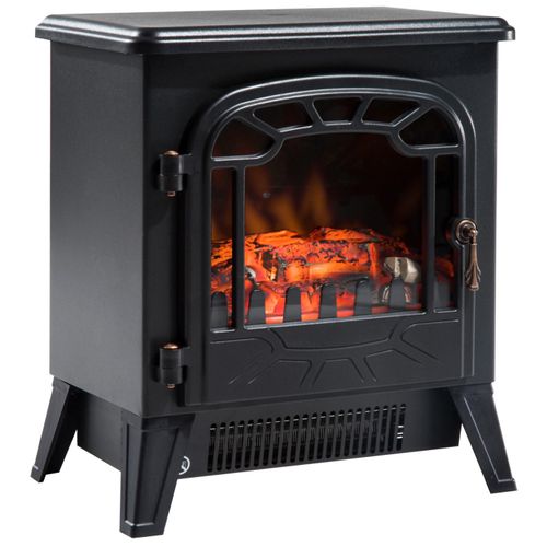 Cheminée électrique radiateur imitation flamme avec luminosité et réglable 900 W / 1800 W porte métal verre trempé noir