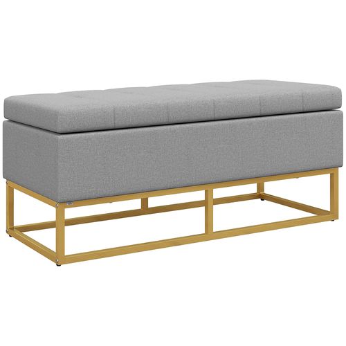 Banquette Coffre De Rangement Acier Doré Assise Capitonnée Tissu Gris