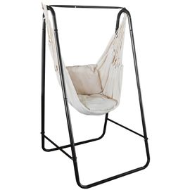 Chaise Suspendue Jardin Avec Support Et Coussin Acier Noir Coton Beige