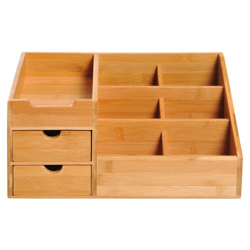 Organiseur De Bureau 7 Compartiments 2 Tiroirs Bambou Verni