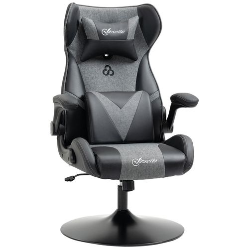Fauteuil Gaming Base Ronde Métal Pivotante 360° Hauteur Réglable Tétière Coussin Lombaires Accoudoirs Relevables Pu Tissu Gris Noir