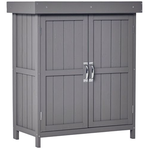 Armoire De Jardin Sur Pied Double Porte Étagère Et Toit Bitumé Relevable Dim. 74l X 43l X 88h Cm Bois Sapin Gris