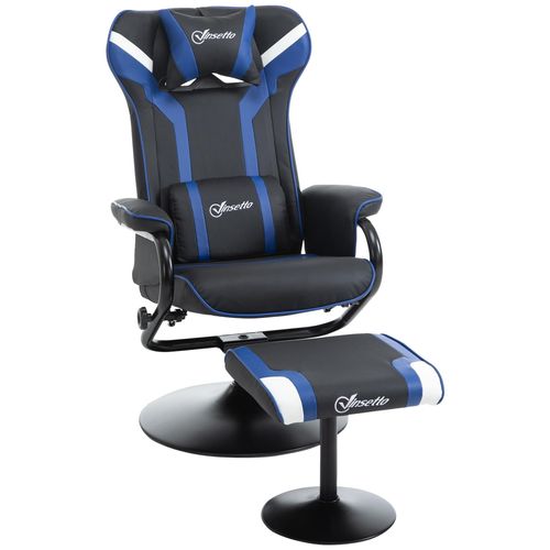 Fauteuil Gamer Inclinable Pivotant Avec Repose-Pied - Coussins Lombaires, Tétière Inclus - Revêtement Synthétique Bleu Noir