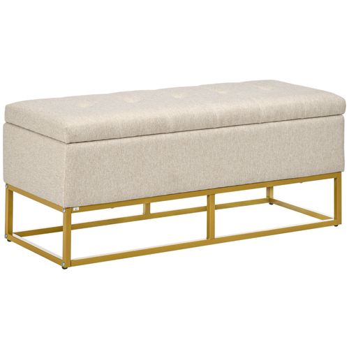 Banquette Coffre De Rangement Acier Doré Assise Capitonnée Tissu Beige