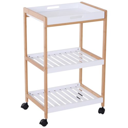 Chariot De Service Desserte De Cuisine À Roulettes 2 Étagères + Plateau Amovible Bois De Pin Mdf Blanc