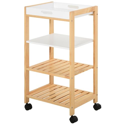 Chariot De Service Desserte De Cuisine À Roulettes 3 Étagères + Plateau Amovible Bois De Pin Mdf Blanc
