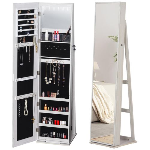 Homcom Armoire À Bijoux Avec Miroir Sur Pied Multi-Rangements Éclairage Led Blanc Dim. 38l X 38l X H157 Cm
