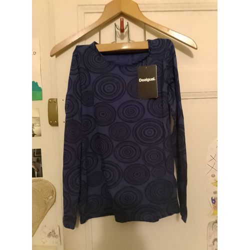 Tee-Shirt Bleu Motifs Noirs 9/10 Ans Desigual Neuf.