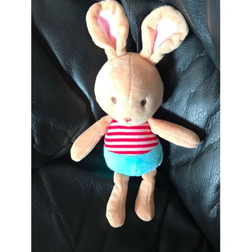 Doudou Lapin Beige Bleu Rouge Rayé Sergent Major 22cm