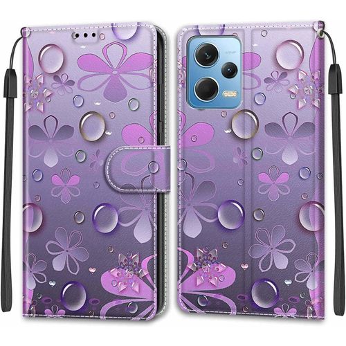 Coque Pour Xiaomi Redmi Note 12 5g / Poco X5 5g Housse Cuir A Rabat Etui Folio Portefeuille Motif Pour Filles Femme Garcons, Flip Case Cuir Pu Etui Antichoc Cover, Fleur Mauve
