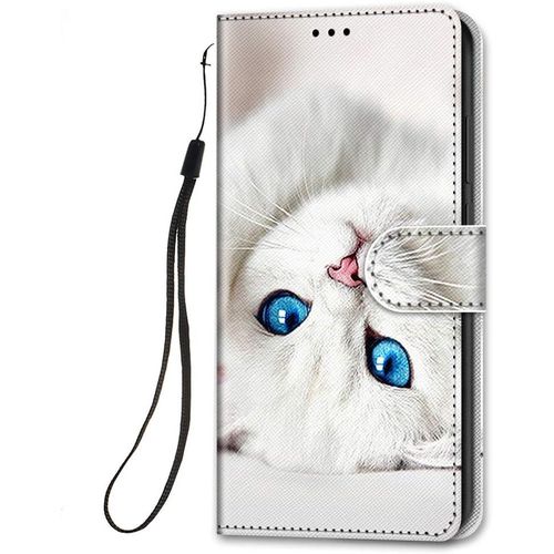 Coque En Cuir Pour Xiaomi Redmi Note 10 / Note 10s 4g A Rabat Et Folio Portefeuille, Housse Cuir Avec Support Fentes Pour Cartes Etui Anti Choc 360 Degres Cover Silicone - Chat Blanc