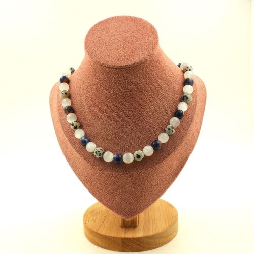 Collier Perles Selenite Du Maroc + Jaspe Dalmatien + Jaspe Bleu 8 Mm Taille Personnalisable.