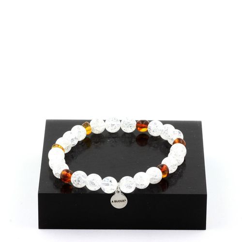 Bracelet Perles Ambre Véritable De La Mer Baltique + Quartz Craquelé Fabriqué En France.