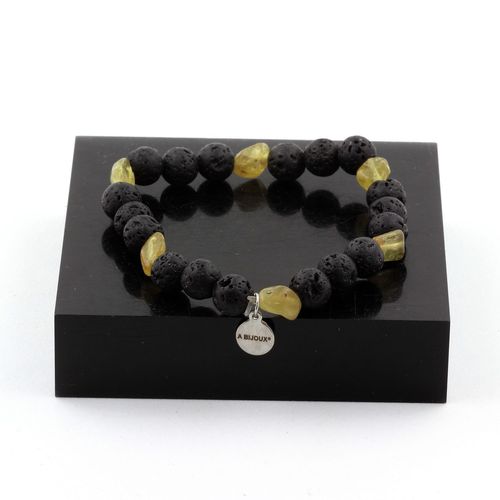 Bracelet Apatite Jaune De Madagascar + Perles Lave 8 Mm. Fabriqué En France.
