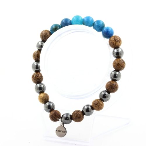 Bracelet Perles Apatite + Hématite + Bois 8 Mm. Fabriqué En France.
