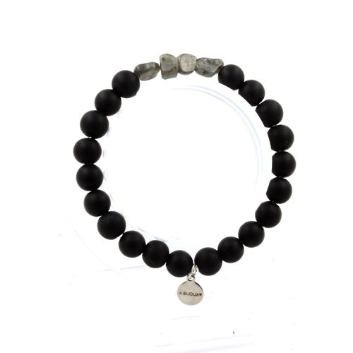 Bracelet Labradorite De Finlande + Perles Onyx Noir Mat 8 Mm. Fabriqué En France.