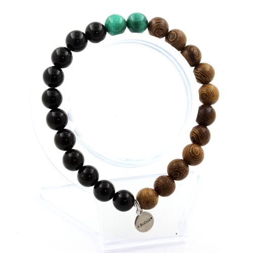 Bracelet Perles Malachite Du Congo + Agate Noire + Bois 8 Mm. Fabriqué En France.