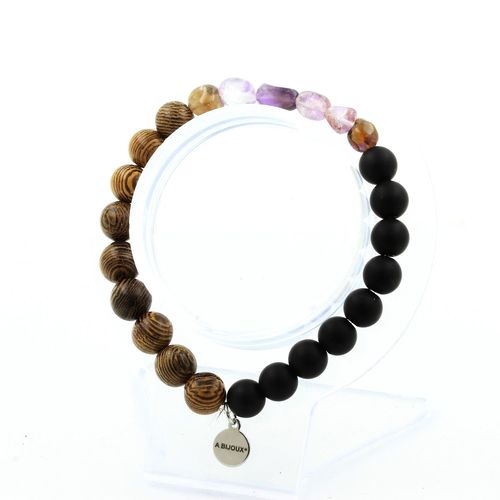 Bracelet Auralite Du Canada + Perles Onyx Noir Mat + Bois 8 Mm. Fabriqué En France.