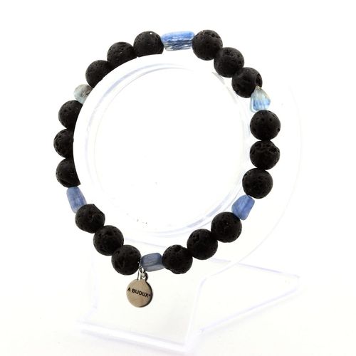 Bracelet Cyanite Bleu Du Brésil + Perles Lave 8 Mm. Fabriqué En France.