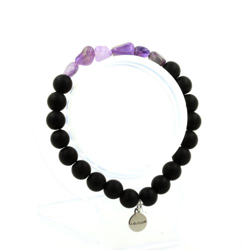 Bracelet Améthyste Du Brésil + Perles Onyx Noir Mat 8 Mm. Fabriqué En France.