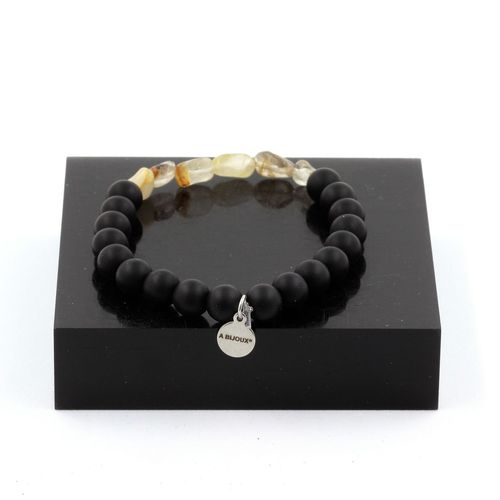 Bracelet Quartz À Rutile Doré Du Brésil + Perles Onyx Noir Mat 8 Mm. Fabriqué En France.