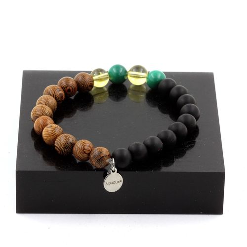 Bracelet Perles Malachite Du Congo + Citrine + Onyx Noir Mat + Bois 8 Fabriqué En France.