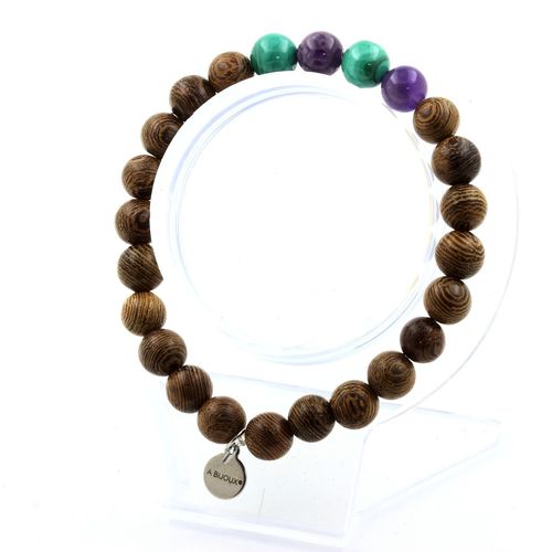 Bracelet Perles Malachite Du Congo + Améthyste + Bois 8 Mm. Fabriqué En France.