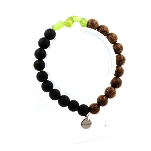 Bracelet Péridot De Myanmar (Birmanie) + Perles Onyx Noir Mat + Bois 8 Fabriqué En France.