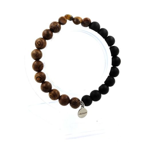 Bracelet Oeil De Tigre D' Afrique Du Sud + Perles Bois + Onyx Noir Mat Fabriqué En France.