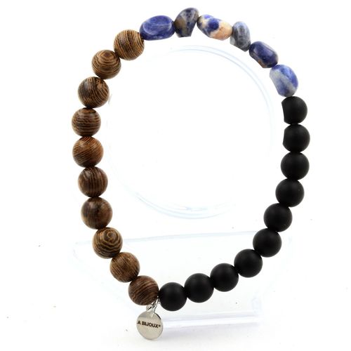 Bracelet Sodalite Du Brésil + Perles Onyx Noir Mat + Bois 8 Mm. Fabriqué En France.