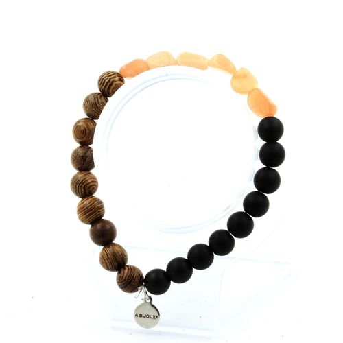 Bracelet Pierre De Soleil De Tanzanie + Perles Onyx Noir Mat + Bois 8 Fabriqué En France.